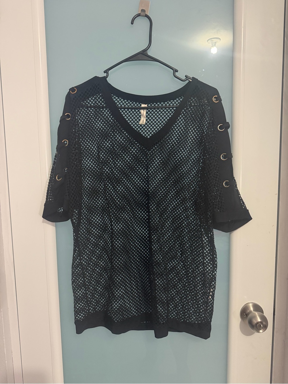 Black Open-Knit V-Neck Tunic with Grommet Sleeve Details